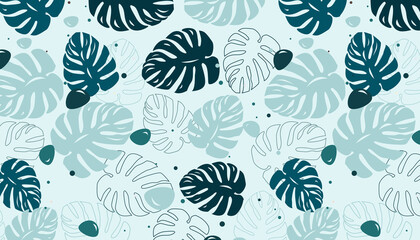 Background with Leaves, Pattern, Hand Drawn, Blue, Plant, Monstera, Flat Design, Foliage, 