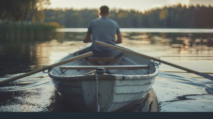 Obraz premium A man rowing a boat on a peaceful lake. Suitable for outdoor and recreational themes