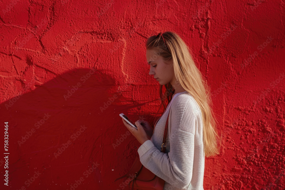 Poster woman standing in front of a red wall, looking at her cell phone. suitable for technology and commun