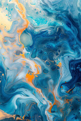 Fototapeta na wymiar Vertical Luxury Abstract Ocean Fluid Art Resin art painting background blue gold orange ink.