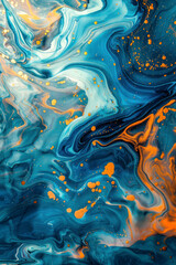 Vertical Luxury Abstract Ocean Fluid Art Resin art painting background blue gold orange ink.