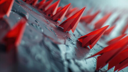 A detailed view of a bunch of red spikes. Suitable for nature or abstract concepts