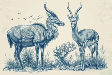 Two antelope standing side by side. Suitable for wildlife and nature concepts - obrazy, fototapety, plakaty