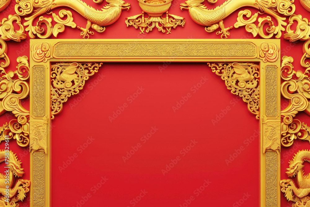 Poster elegant gold frame against a bold red background, perfect for adding a touch of luxury to any design