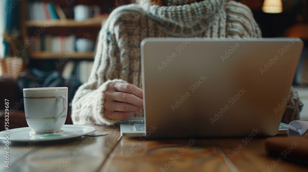 Poster a person sitting at a table with a laptop and a cup of coffee. suitable for business or remote work 