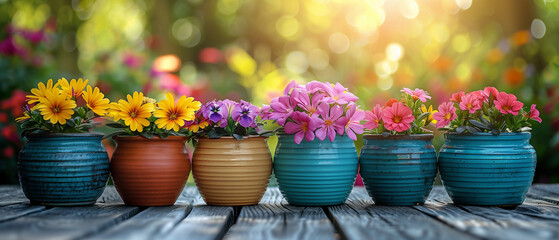 Colorful flowers in pots on a wooden terrace. - obrazy, fototapety, plakaty