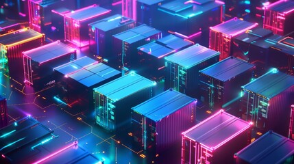 Glowing neon cargo containers in futuristic digital high-tech shipping logistics network illustration. Modern transportation industry banner with copy space, global trade and technology concept