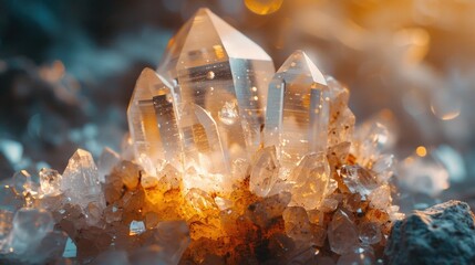 Detailed macro shot of a clear quartz crystal against a backdrop of a softly glowing Reiki session room, highlighting the stone's purity and its role in amplifying healing energy
