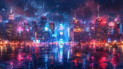 Foto op Canvas it is a painting of a city at night with a lot of lights © yuchen