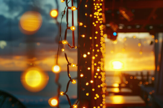 A beautiful sunset behind glowing porch lights, perfect for home decor websites or real estate listings