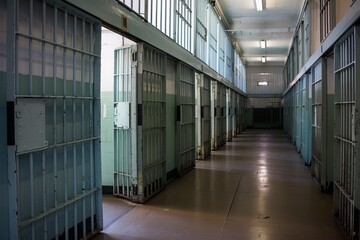 Empty prison cells, revealing the stark and uniform interior of confinement