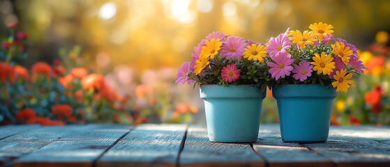 Colorful flowers in pots on a wooden terrace.
