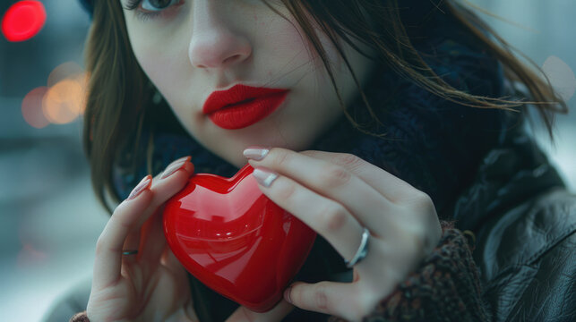 Woman holding a red heart in her hands. Perfect for Valentine's Day designs