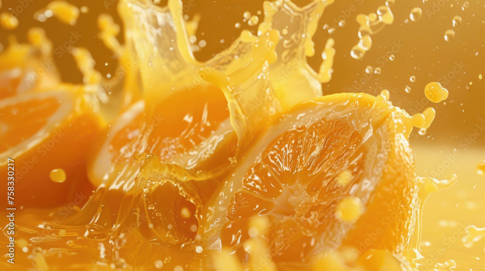 Poster close up of an orange being splashed with water, ideal for food and beverage concepts