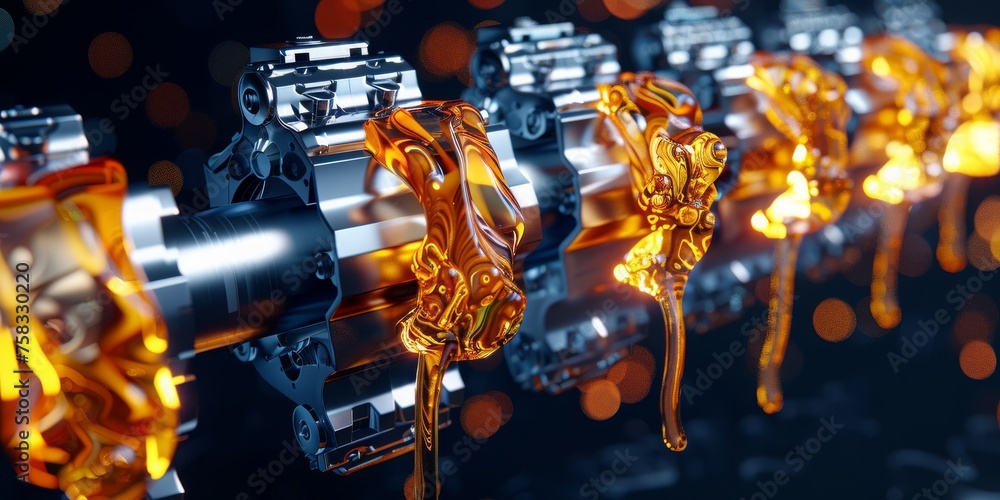 Poster slick precision: glistening oil cascades over mechanical gears, ensuring smooth operation and preser