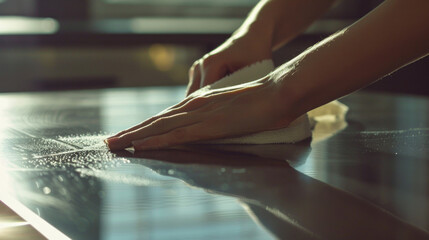 A person cleaning a table with a cloth, suitable for cleaning or household themes - obrazy, fototapety, plakaty