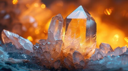 Detailed macro shot of a clear quartz crystal against a backdrop of a softly glowing Reiki session room, highlighting the stone's purity and its role in amplifying healing energy