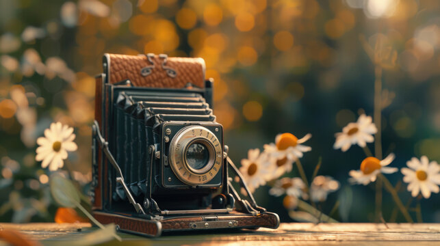 An old camera placed on a rustic wooden table. Perfect for photography enthusiasts