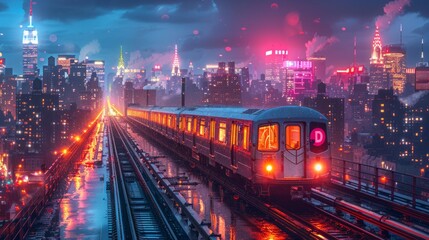 Fototapeta na wymiar Train rolling through city tracks at night with automotive lighting