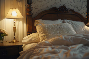 A cozy bed with a white comforter and pillows. Ideal for home decor or interior design projects