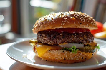 Big tasty smashed burger on the plate