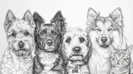 A group of dogs and cats in a charming illustration. Suitable for pet lovers and animal enthusiasts