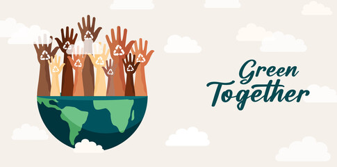 Hands in the air together , environment care working together concept ecology and nature green icons set on white vector