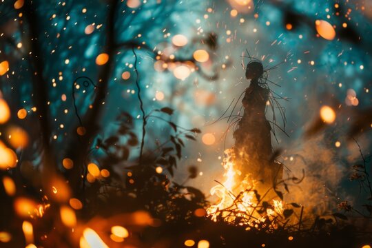 Burning effigy against blurred flames, holidays, Russian tradition