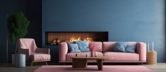 A cozy living room with a pink couch, matching chair, coffee table, and fireplace. The furniture complements the hardwood flooring, creating a comfortable and stylish interior design - obrazy, fototapety, plakaty