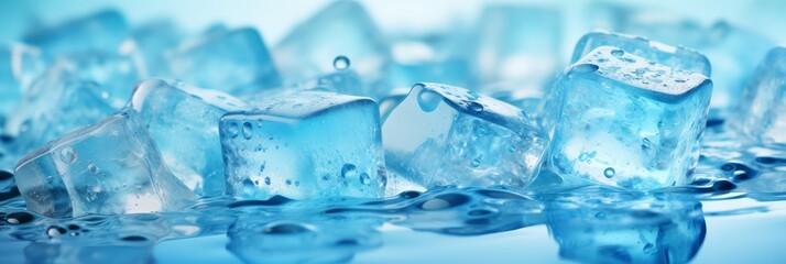 Ice cubes falling banner with copy space on blurred defocused background for text overlay