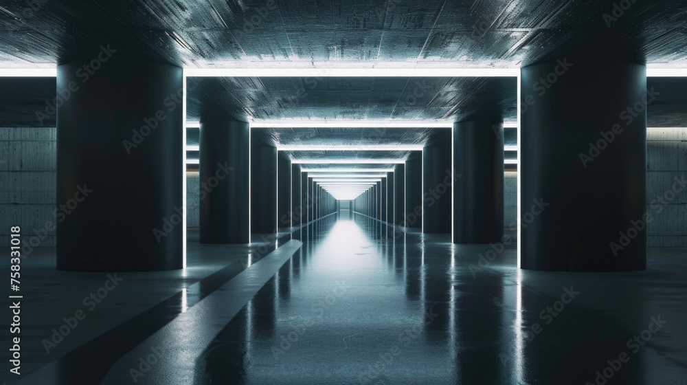 Aufkleber a long hallway in a building with a light shining at the end. suitable for concepts of hope, journey