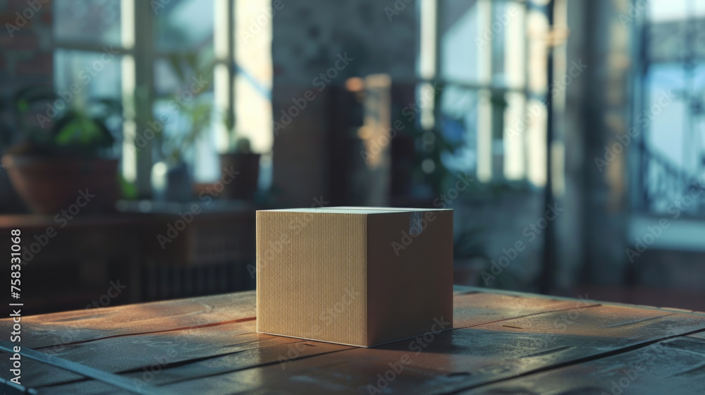 Poster a box sitting on top of a wooden table. suitable for various concepts