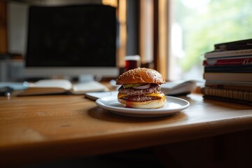 Tasty burger on the desk