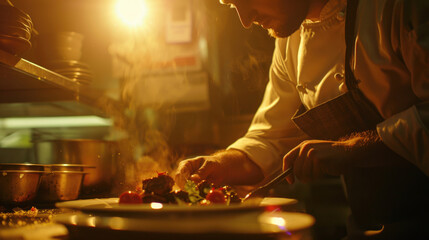 A man preparing food in a dimly lit kitchen. Suitable for culinary blogs or cooking websites - obrazy, fototapety, plakaty