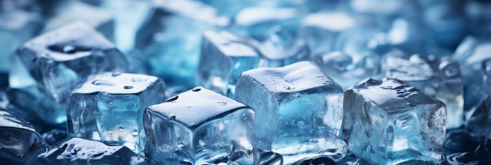 Banner of ice cubes on blurred background, ideal for adding custom text or branding elements