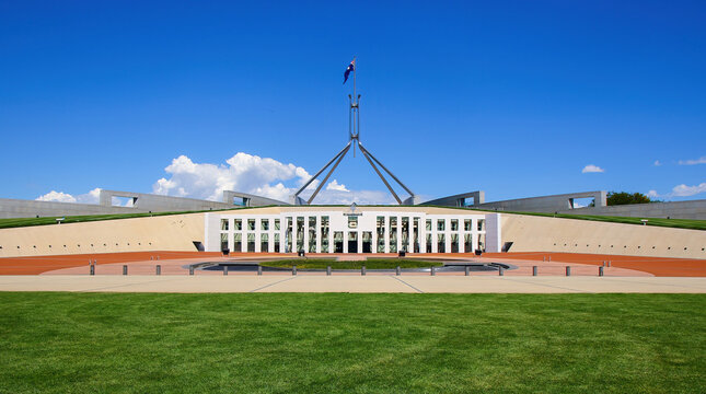 Parliament House of Australia on Capital Hill, as seen from the Centenary Trail in Canberra, Australian Capital Territory