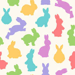 Colorful rabbit silhouettes seamless pattern. Easter bunny repeat design. Spring decoration for Easter wrapping paper, textile print, fabric design, greeting card, etc. Cheering joyful bright pattern.
