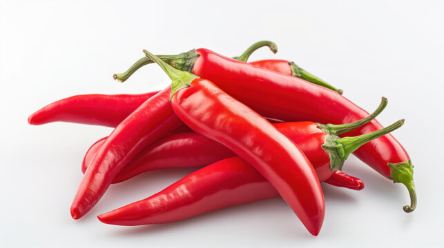 A close-up image showcasing a group of bright red chili peppers, arranged artistically against a white background.