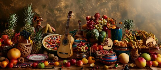 Still life with guitar and tropical fruits