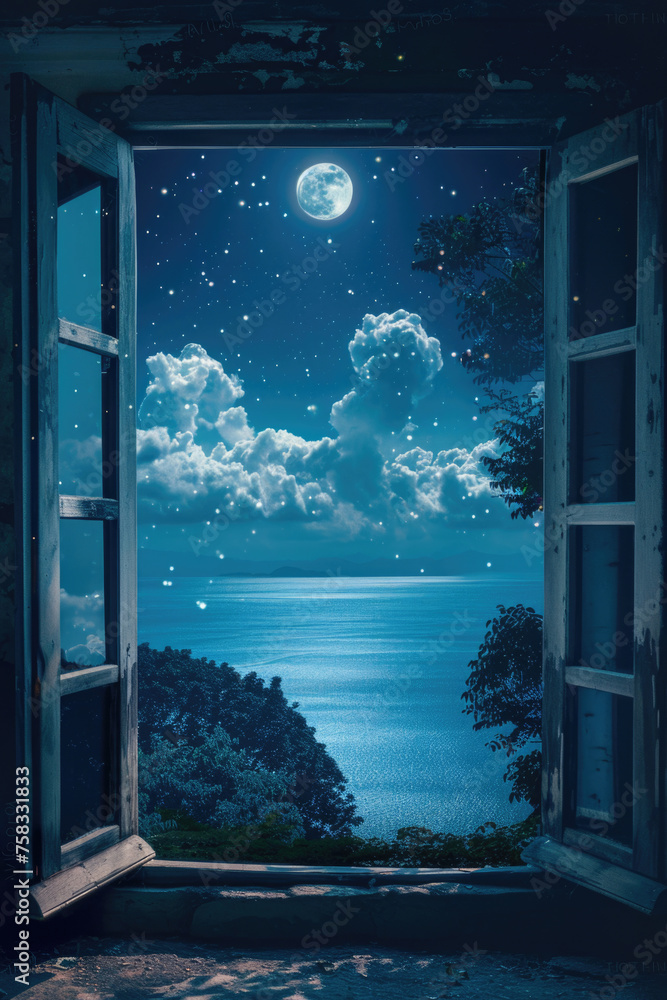 Poster A tranquil ocean view seen through an open window. Suitable for travel or relaxation concepts
