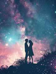 Zwei Menschen schauen sich in der Nacht eine nahe Galaxie am Himmel an. KI generiert. - 758331811
