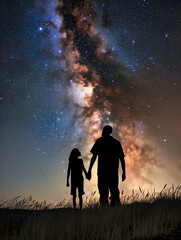 Zwei Menschen schauen sich in der Nacht eine nahe Galaxie am Himmel an. KI generiert. - 758331836