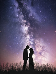 Zwei Menschen schauen sich in der Nacht eine nahe Galaxie am Himmel an. KI generiert. - 758331877