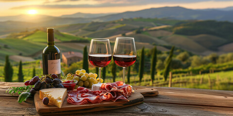 
Red wine and Italian prosciutto with cheese on the wooden table against a landscape background in Tuscany, Italy at sunset. 