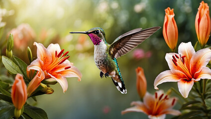 A hummingbird hovers near orange lilies.