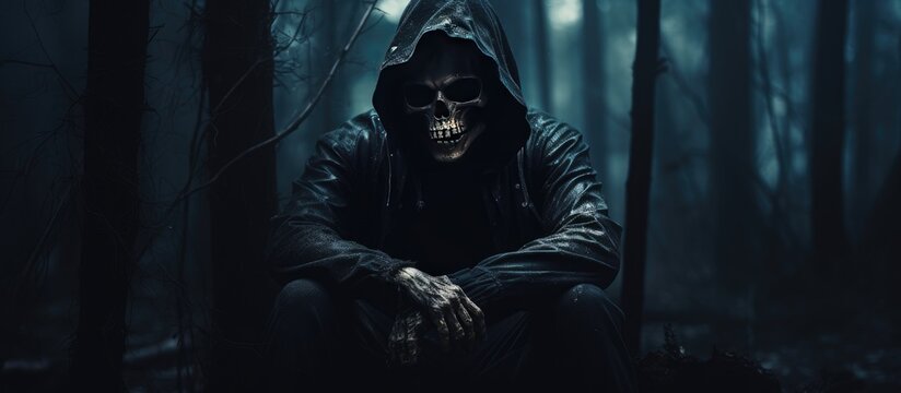 A fictional character resembling a grim reaper sits in the darkness of a jungle, surrounded by electric blue hues. It feels like a painting come to life in this eerie event