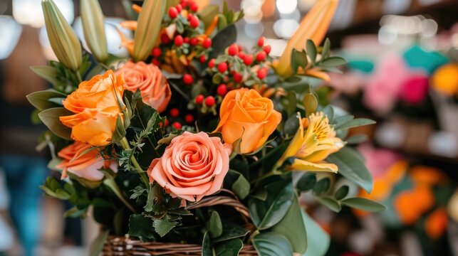 a basket filled with lots of orange and yellow flowers next to a bunch of red berries and a green leafy plant.