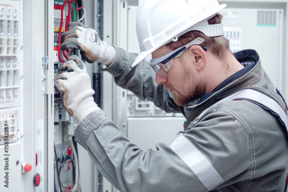 Poster a man in a hard hat and safety glasses working on an electrical panel. suitable for construction and
