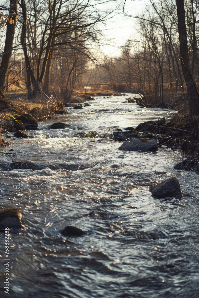 Poster a stream running through a forest, suitable for nature themes