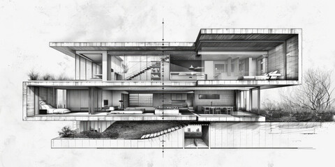 Detailed illustration of a contemporary home. Suitable for architectural projects